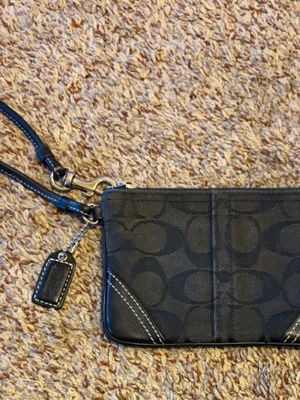Coach Black Signature Canvas Wristlet with Leather Trim and Charm